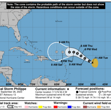 Tropical Storm Philippe forecasted to weaken as it moves west