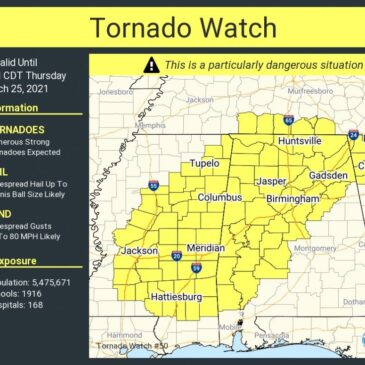 Tornado watch issued for large portion of Mississippi until 8 p.m