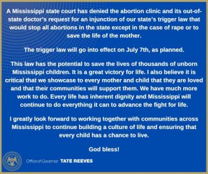 Judge denies abortion clinic’s request to block Mississippi’s trigger law